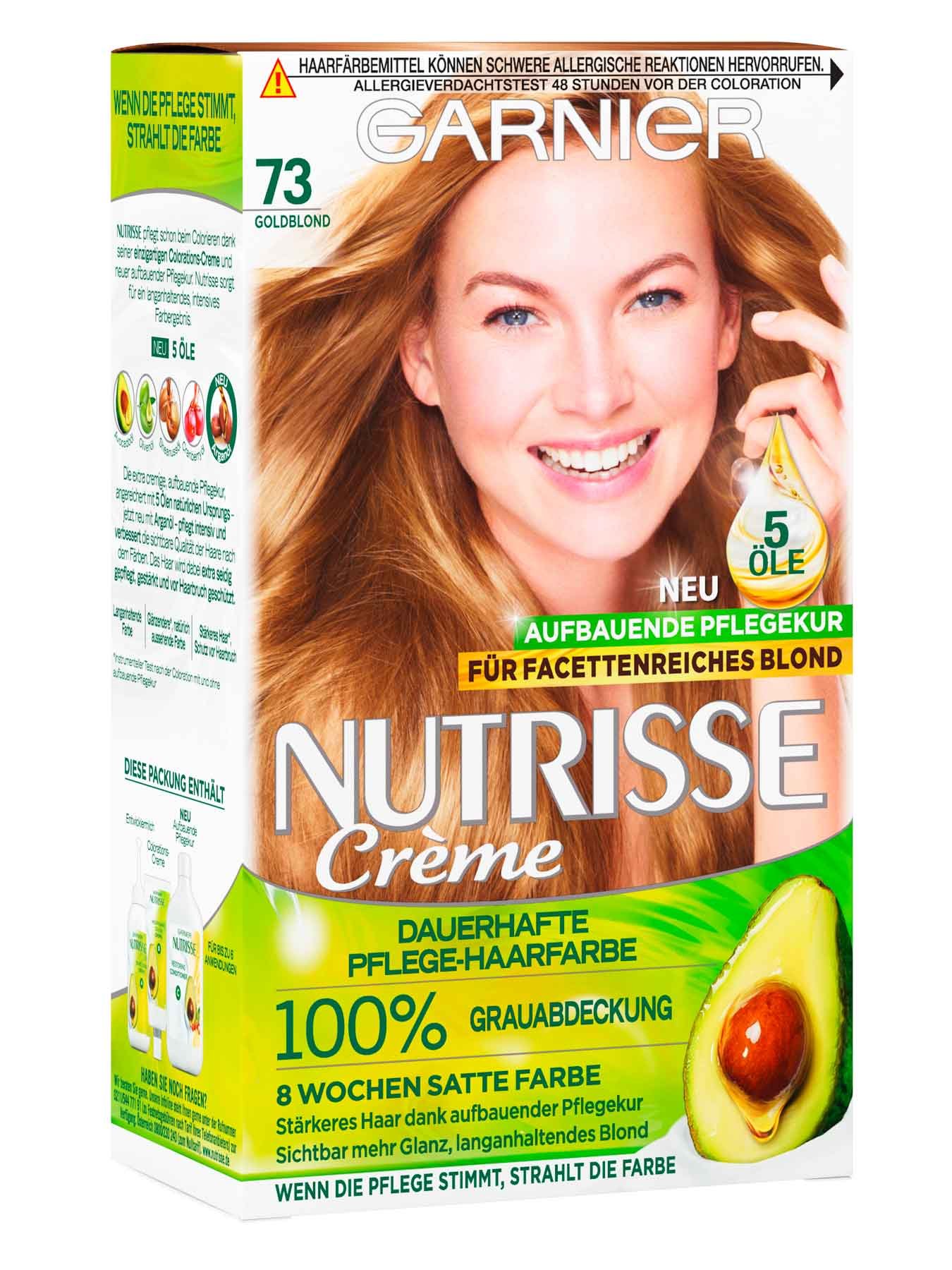 Vorderansicht auf die Verpackung der Garnier Nutrisse Creme 73 Goldblond